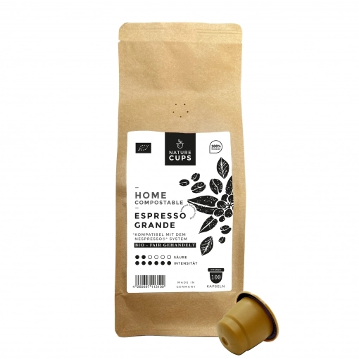 NatureCups Kaffeekapseln kompostierbar und kompatibel mit Nespresso - Bio Espresso Grande 100er Tüte