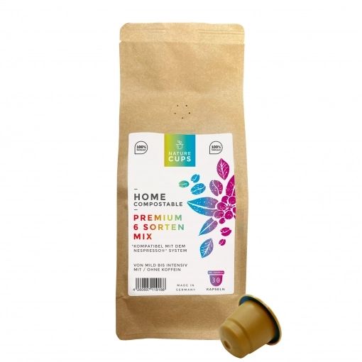 NatureCups Kaffeekapseln kompostierbar und kompatibel mit Nespresso - Premium 6 Sorten Mix 30er Tüte