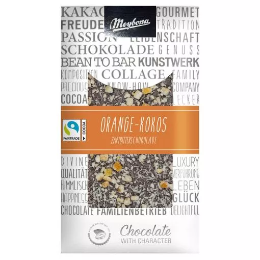 Meybona Collage Zartbitterschokolade Orange-Kokos 50% mit Fairtrade Kakao ~ 100g