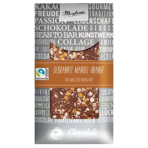 Meybona Collage Weihnachtsschokolade Vollmilch Gebrannte Mandel-Orange 36% mit Fairtrade Kakao ~ 100g