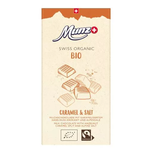 Munz Swiss premium Schokoladentafeln Bio & Fairtrade Organic Milchschokolade Caramel & Salt 34% Cacao ~ 100 g