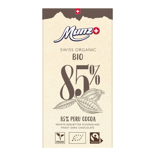 Munz Swiss premium Schokoladentafeln Bio & Fairtrade Organic Dark Edelbitter Schokolade 85% Cacao aus Peru ~ 100 g